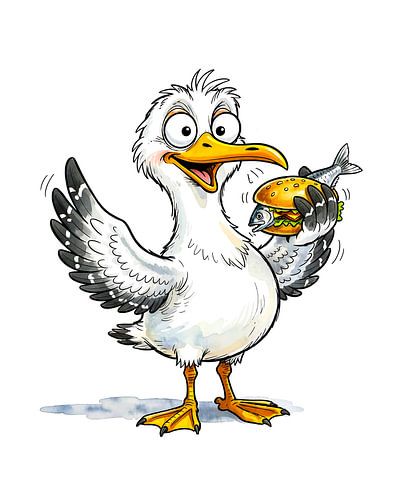 Möwe mit Fischsandwich an der Küste