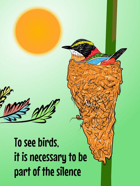Vogel im Nest mit Zitat von Golden Haze Studio