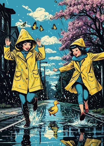 Filles en imperméable jaune jouant avec un canard par MIROKKU