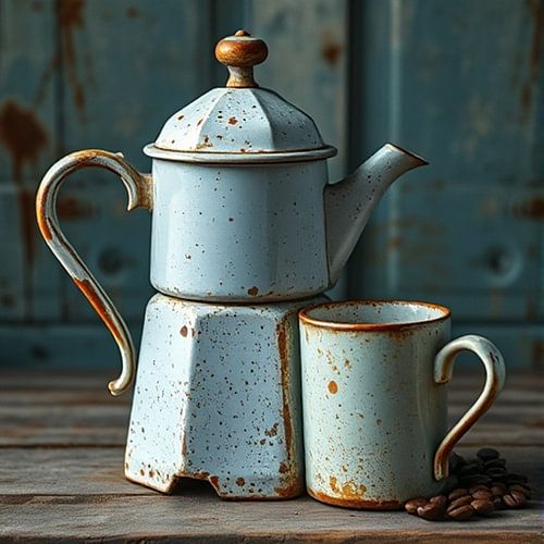 Een oude zacht blauw koffiepot met mok.