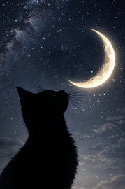 Landschaft im Mondlicht mit schwarzer Katze von Vicky Hanggara