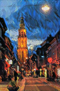 Sfeervol Schilderij Groningen - Martinitoren vanaf Oosterstraat