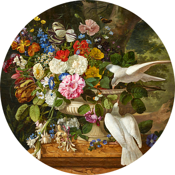 Bloemen in een vaas met twee duiven, François Lepage