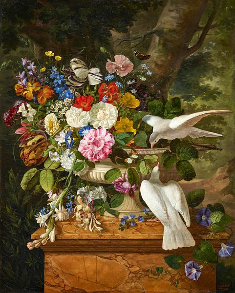 Blumen in einer Vase mit zwei Tauben, François Lepage von Meesterlijcke Meesters