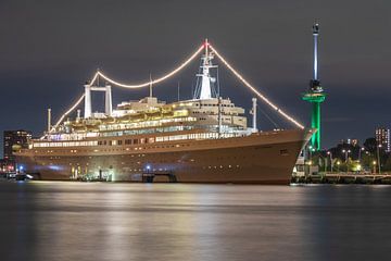 The SS Rotterdam with Euromast in the evening by Meindert Marinus