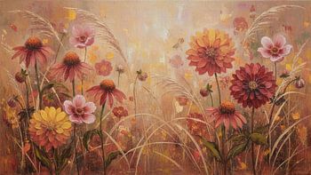 Sfeervol herfstschilderij: Bloemenborder bij zonsondergang