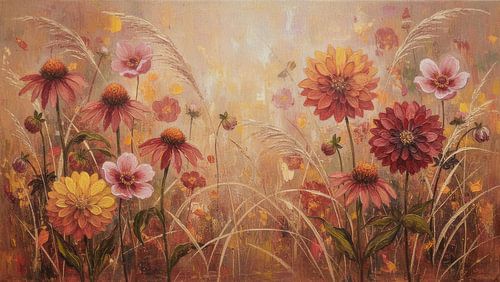 Peinture d'automne atmosphérique : Bordure de fleurs au coucher du soleil