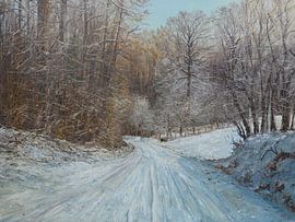 Rustgevend winterlandschap in het Gerendal – een sfeervol schilderij met sneeuw, licht en Limburgse natuur van Alfons Smeets