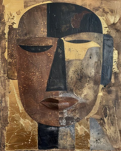 Serene Abstract Tribal Mask in Aardse Tinten en Goud van Digatelier