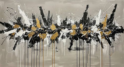Abstract schilderij met zwart-witte en gouden spetters