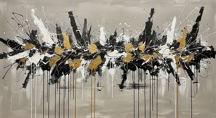 Abstract schilderij met zwart-witte en gouden spetters van Markus Gann