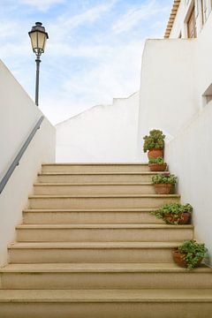 Even pauze - Stilleven van trap met planten en lantaarn in Alvor, Portugal van Annette Hagemeijer