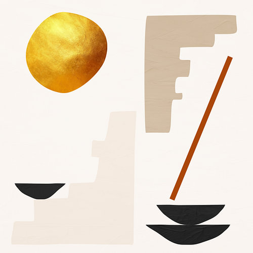 Minimalistische abstrakte Kunst mit organischen Formen, Erdtönen und Gold