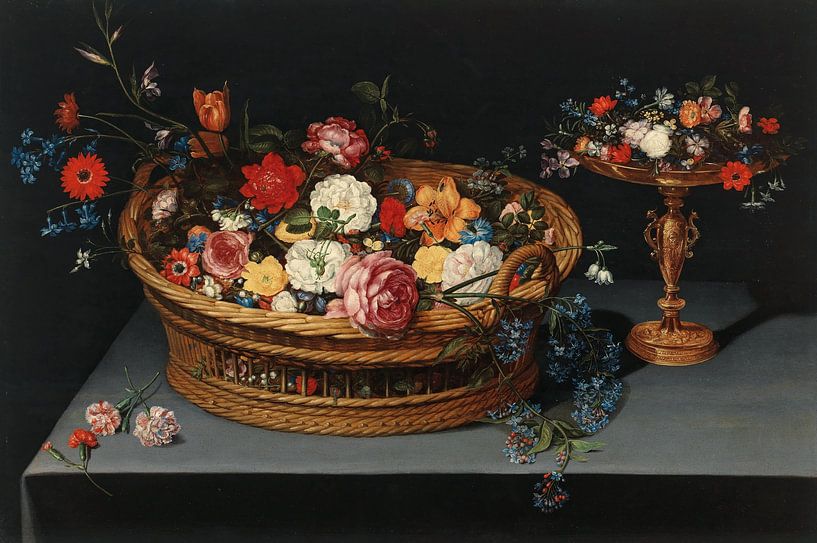 Mixed flowers in a basket with a Tazza nearby, Jan Brueghel II by Masterful Masters