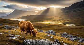 Vache des Highlands broutant dans un paysage de montagne ensoleillé