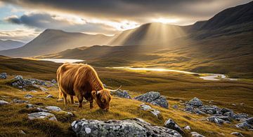 Hooglandkoe graast in berglandschap met zonlicht van Markus Gann