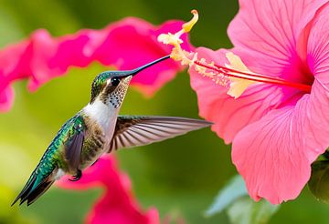 Hummingbird bij Bloeiende Hibiscus van Art Just Works