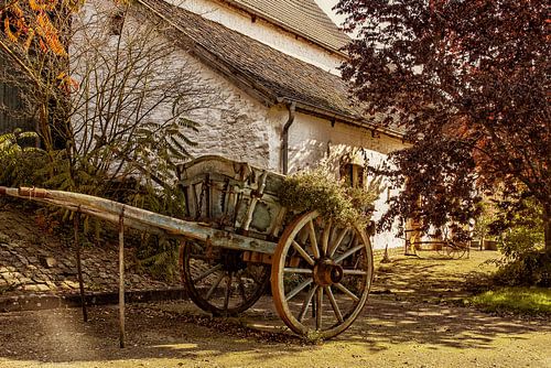 Antieke boerenkar als bloembak