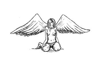 Trauriger Engel - Bleistiftzeichnung in schwarz-weiß von Emiel de Lange