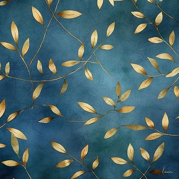 Goudkleurige bladeren op een blauwe achtergrond, japanse stijl van Lauri Creates