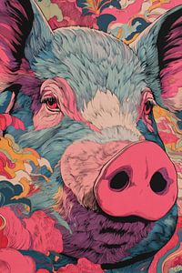 Schwein Popart Portrait mit fantasievollem Hintergrund