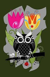 grafische uil met gestileerde tulpen van Thea Walstra