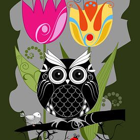 graphic owl with stylized tulips by Thea Walstra