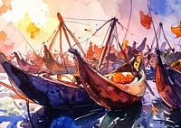 Les bateaux traditionnels sont ancrés dans le port animé dans l'après-midi.