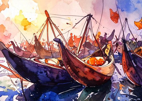 Traditionele boten liggen 's middags voor anker in de drukke haven.