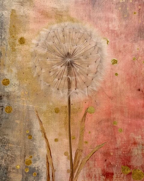 Gold and pink rustic dandelion abstracts by Floral Abstractions