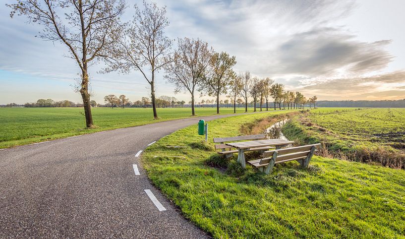 Gebogene Landstraße mit Holzpicknick im Schulterbereich von Ruud Morijn