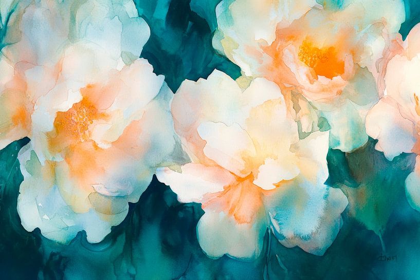 Bright watercolour flowers on blue by Poster Art Shop