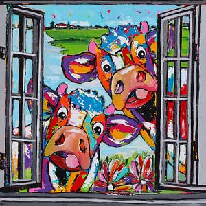 Neugierige Kühe blicken durch das Fenster