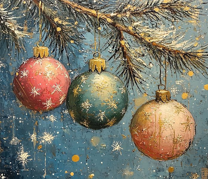 Weihnachtskugeln auf Tannenzweig von Abstraktes Gemälde