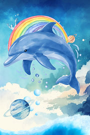 Betoverende aquarelafbeelding van een dolfijn met regenboog en planeten – fantasie-illustratie van Berwies