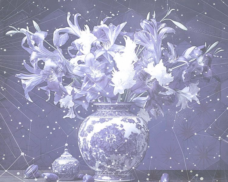 Blue and white flowers in classic vase by Vlindertuin-Art