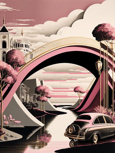 Miniatuur landschap auto wit zwart roze huizen bomen