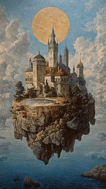 Surreal Floating City Above Clouds Vintage Oil Art by Aden Pink Studio