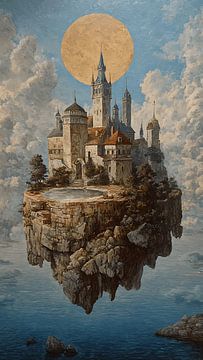 Surreale schwebende Stadt über den Wolken Vintage-Ölgemälde von Aden Pink Studio