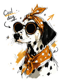 Chien dalmatien cool avec des lunettes de soleil et un nœud à pois « & » – Illustration dessinée à la main