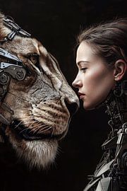 Eine Frau und ein Löwinnenroboter, Harmonie oder Kampf? von Digitale Schilderijen