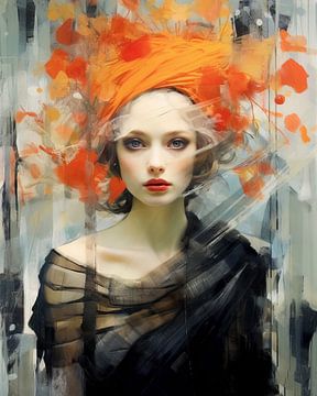 Portrait moderne en orange et noir sur Carla Van Iersel