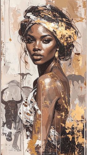 Modern abstract - portret afrikaanse vrouw in taupe en goud