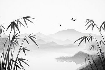 Bamboe landschap met berg silhouet van Poster Art Shop