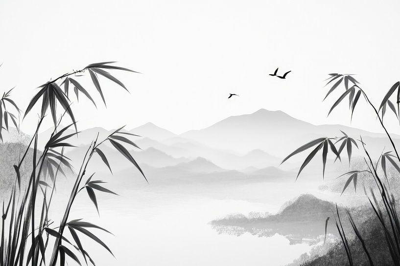 Bamboo landscape with mountain silhouette by Poster Art Shop