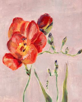 Freesia bloem olieverfschilderij in rood, geel, oranje en groen op roze van Dina Dankers