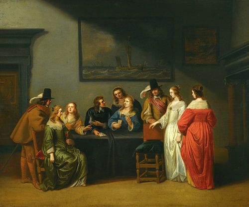 Interieur met figuren speelkaarten, Christoffel Jacobsz. van der Laem