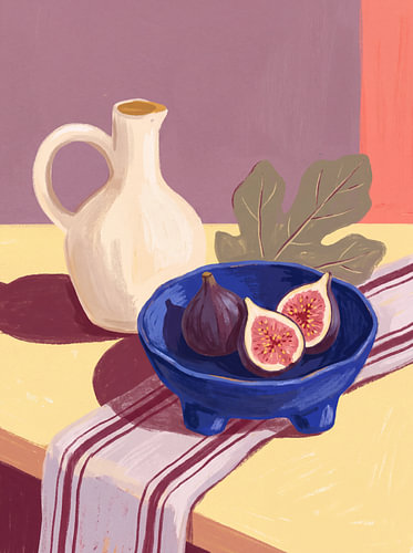 Figs in a blue bowl with a ceramic jug