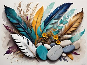 Des plumes colorées se mêlent à des éléments terreux