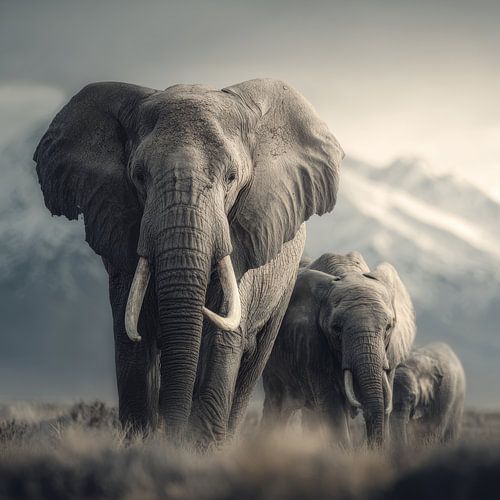 Famille d'éléphants dans un silence majestueux